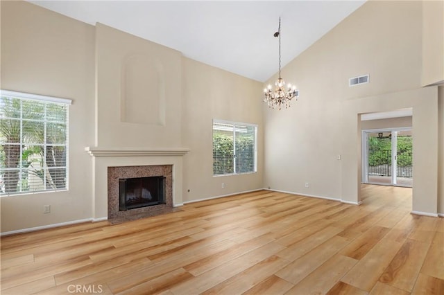 28462 La Alcala, Laguna Niguel, CA 92677 - unfurnished living room featuring high vaulted ceiling, light wood-style floors, a premium fireplace, and plenty of natural light