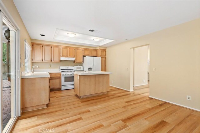 28462 La Alcala, Laguna Niguel, CA 92677 - kitchen featuring white appliances, under cabinet range hood, light countertops, a kitchen island, and a tray ceiling
