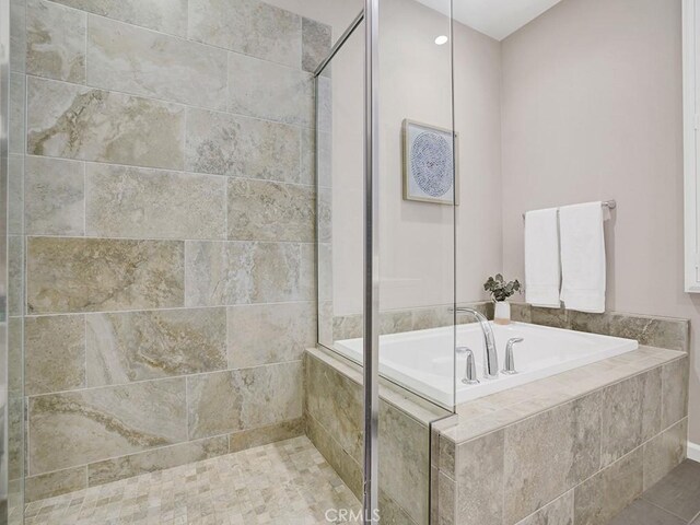 159 Frazier, Irvine, CA 92620 - bathroom featuring a garden tub, tiled shower, and tile patterned floors