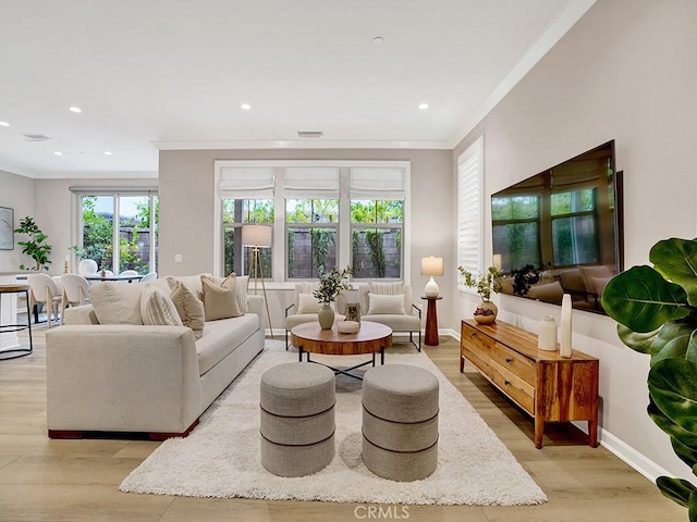 159 Frazier, Irvine, CA 92620 - living room featuring ornamental molding, light wood-style flooring, baseboards, and recessed lighting