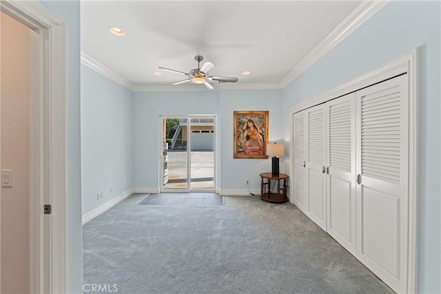 1377 Knoll Rd, Redlands, CA 92373 - unfurnished bedroom featuring ornamental molding, carpet flooring, recessed lighting, access to exterior, and a ceiling fan