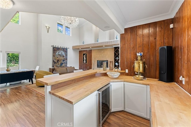 1377 Knoll Rd, Redlands, CA 92373 - indoor bar with beverage cooler, ornamental molding, plenty of natural light, wood finished floors, and wood walls