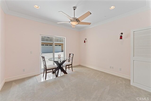 1377 Knoll Rd, Redlands, CA 92373 - carpeted dining space featuring ornamental molding, a ceiling fan, and recessed lighting