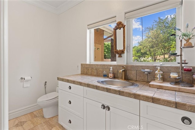 1377 Knoll Rd, Redlands, CA 92373 - bathroom featuring vanity, ornamental molding, and decorative backsplash
