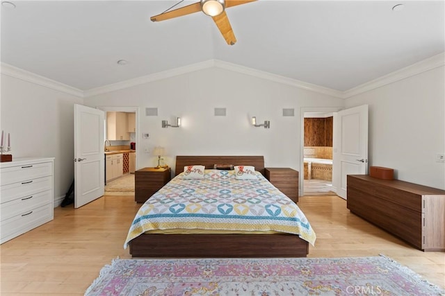 1377 Knoll Rd, Redlands, CA 92373 - bedroom featuring light wood-style flooring, vaulted ceiling, ensuite bath, ornamental molding, and a ceiling fan
