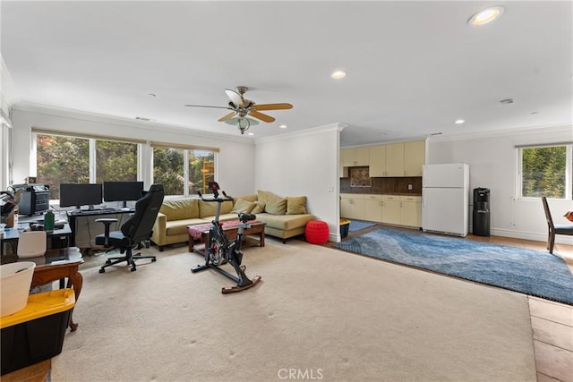 1377 Knoll Rd, Redlands, CA 92373 - living area featuring crown molding, an office area, ceiling fan, recessed lighting, and light carpet