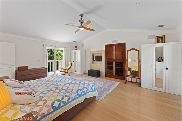 1377 Knoll Rd, Redlands, CA 92373 - bedroom with access to outside, lofted ceiling, light wood-type flooring, crown molding, and a ceiling fan