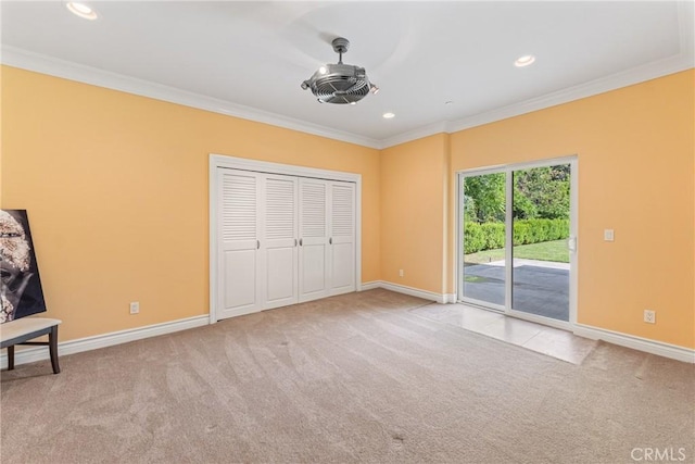 1377 Knoll Rd, Redlands, CA 92373 - unfurnished bedroom featuring access to exterior, carpet floors, ornamental molding, and recessed lighting