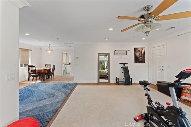 1377 Knoll Rd, Redlands, CA 92373 - exercise room with recessed lighting, a ceiling fan, healthy amount of natural light, crown molding, and wood finished floors