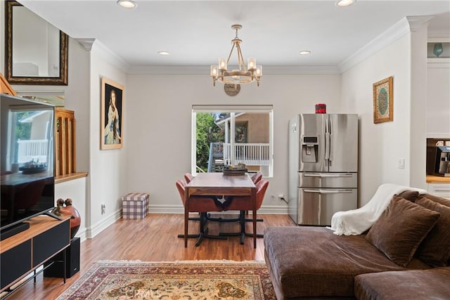 1377 Knoll Rd, Redlands, CA 92373 - living area with a chandelier, light wood-type flooring, crown molding, and recessed lighting