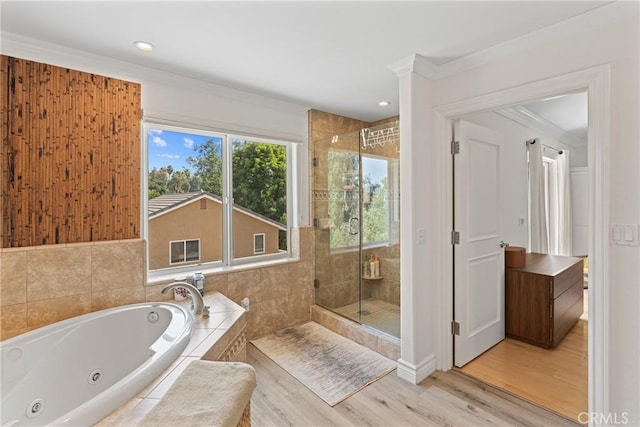 1377 Knoll Rd, Redlands, CA 92373 - full bath with a stall shower, a jetted tub, crown molding, wood finished floors, and recessed lighting