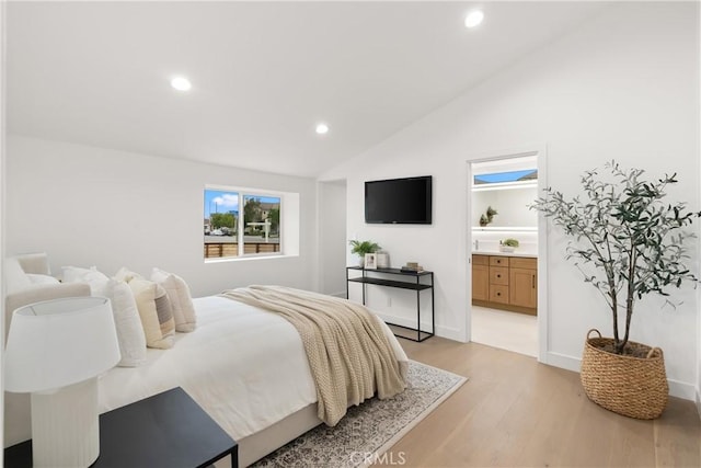 2796 Cibola Ave, Costa Mesa, CA 92626 - bedroom featuring lofted ceiling, light wood finished floors, recessed lighting, baseboards, and connected bathroom