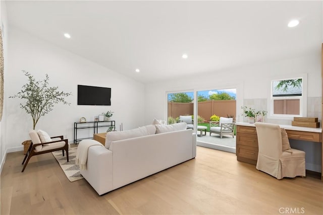 2796 Cibola Ave, Costa Mesa, CA 92626 - living room with light wood-type flooring, lofted ceiling, and recessed lighting