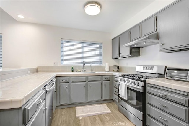 330 California St Unit F, Arcadia, CA 91006 - kitchen featuring appliances with stainless steel finishes, gray cabinets, under cabinet range hood, and tile counters