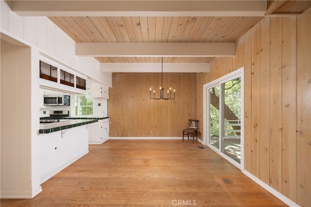1268 Aleutian Dr, Lake Arrowhead, CA 92352 - unfurnished dining area featuring wooden walls, healthy amount of natural light, a chandelier, light wood finished floors, and wood ceiling with exposed beams