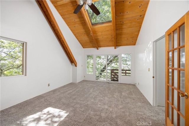 1268 Aleutian Dr, Lake Arrowhead, CA 92352 - carpeted empty room featuring a ceiling fan, wood ceiling with exposed beams, and high vaulted ceiling