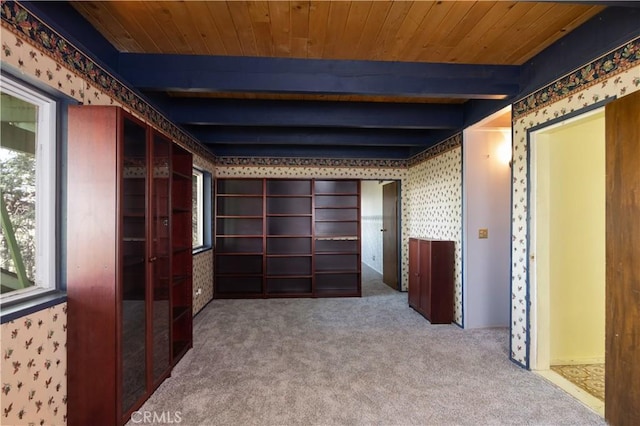 1268 Aleutian Dr, Lake Arrowhead, CA 92352 - hall featuring wallpapered walls, carpet flooring, and wood ceiling with exposed beams