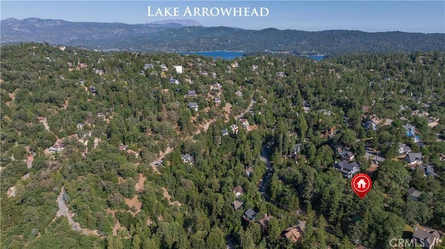 1268 Aleutian Dr, Lake Arrowhead, CA 92352 - aerial view of property and surrounding area featuring a heavily wooded area and a mountain backdrop