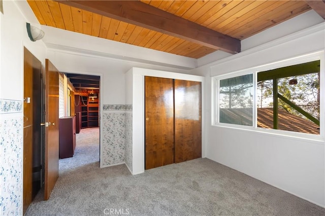 1268 Aleutian Dr, Lake Arrowhead, CA 92352 - unfurnished bedroom featuring carpet and wood ceiling with exposed beams