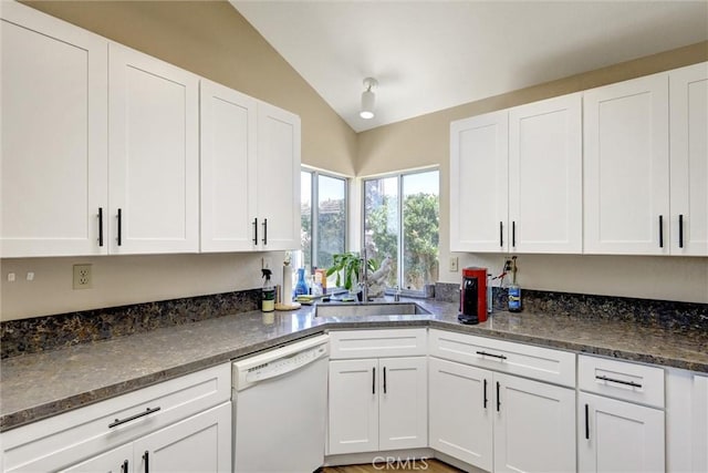 41555 Avenida De La Reina, Temecula, CA 92592 - kitchen featuring white dishwasher, vaulted ceiling, and white cabinets