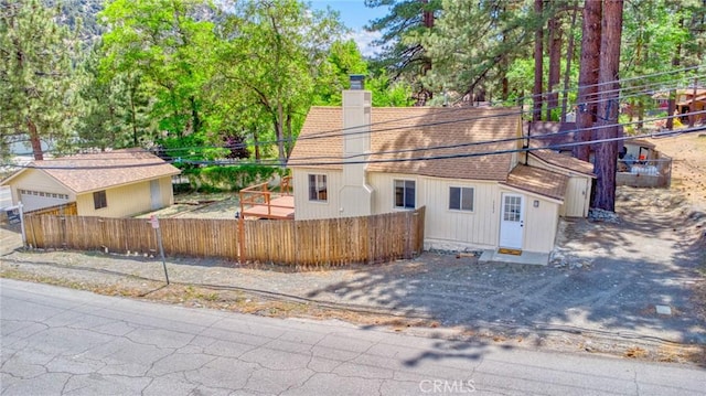 1131 Apple Ave, Wrightwood, CA 92397 - view of front of property with a fenced front yard, a chimney, and roof with shingles