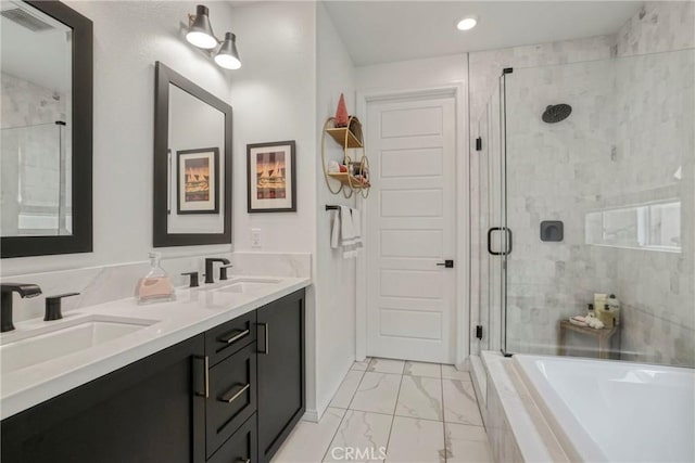 27723 S Grandview Way, San Pedro, CA 90732 - full bath featuring marble look tile flooring, a shower stall, double vanity, a garden tub, and recessed lighting
