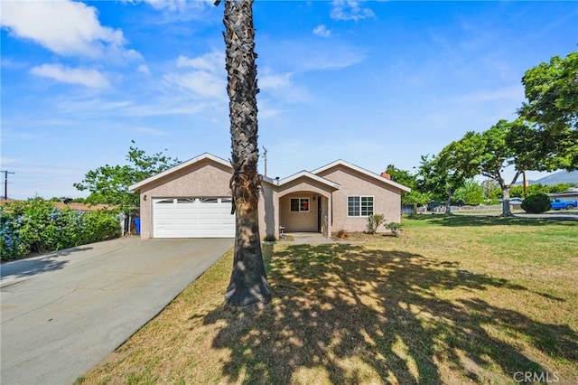 5294 Yosemite Dr, San Bernardino, CA 92407 - ranch-style house with a garage, stucco siding, driveway, and a front yard