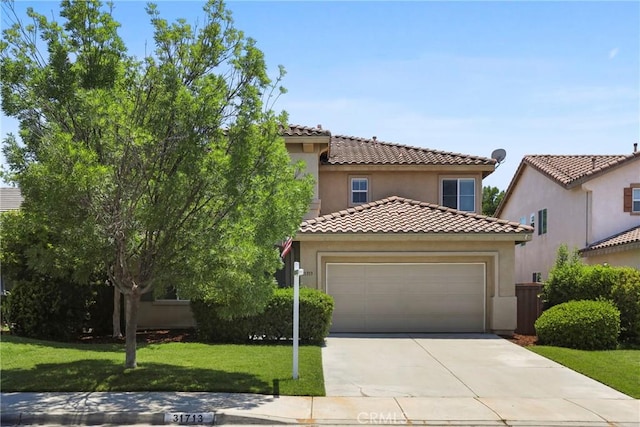 31713 Pompei Ln, Winchester, CA 92596 - mediterranean / spanish house with driveway, an attached garage, a tiled roof, stucco siding, and a front yard