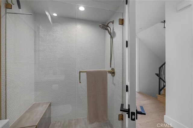 2004 Grant Ave Unit B, Redondo Beach, CA 90278 - bathroom featuring wood finished floors, a shower stall, and recessed lighting