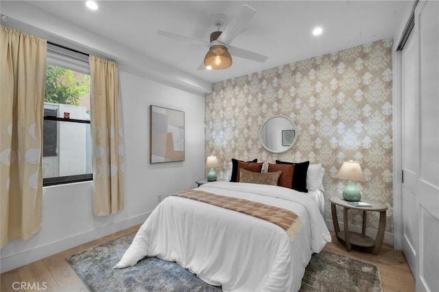 2004 Grant Ave Unit B, Redondo Beach, CA 90278 - bedroom featuring wallpapered walls, wood finished floors, recessed lighting, and ceiling fan