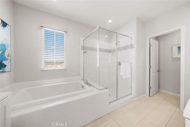 206 Milky Way, Irvine, CA 92618 - full bath with a garden tub, a shower stall, tile patterned floors, recessed lighting, and vanity