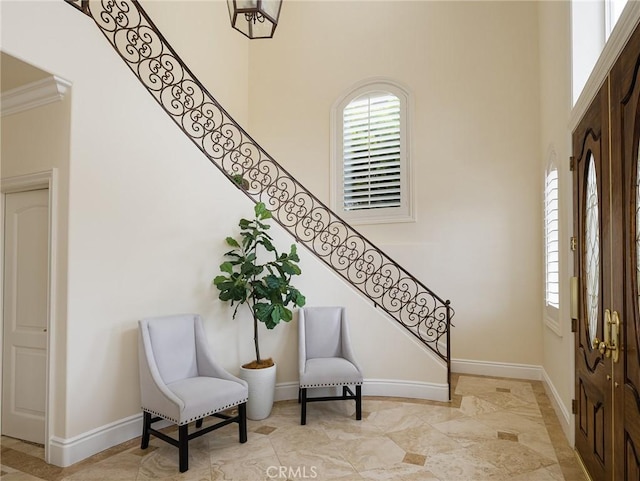 120 Via Alameda, Redondo Beach, CA 90277 - entryway with a high ceiling, stairway, and baseboards