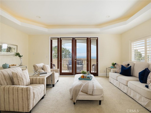120 Via Alameda, Redondo Beach, CA 90277 - living room featuring a raised ceiling and light colored carpet