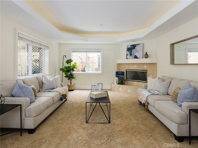120 Via Alameda, Redondo Beach, CA 90277 - living area with a raised ceiling, carpet, a high end fireplace, and baseboards