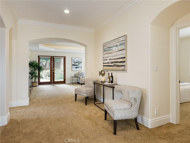 120 Via Alameda, Redondo Beach, CA 90277 - living area with carpet, arched walkways, ornamental molding, and recessed lighting