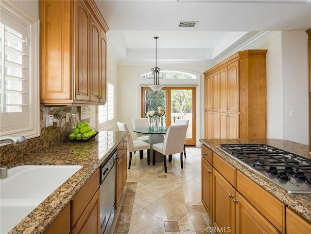 120 Via Alameda, Redondo Beach, CA 90277 - kitchen with a sink, stainless steel appliances, dark stone counters, backsplash, and a raised ceiling