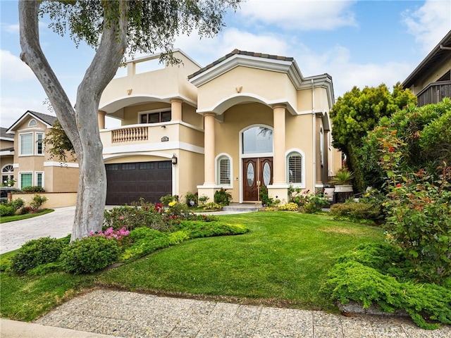 120 Via Alameda, Redondo Beach, CA 90277 - mediterranean / spanish-style home featuring a garage, stucco siding, driveway, a balcony, and a front yard