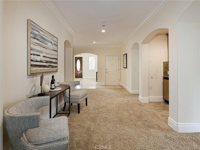 120 Via Alameda, Redondo Beach, CA 90277 - carpeted entrance foyer featuring arched walkways, ornamental molding, and recessed lighting