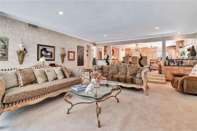 15850 Arbela Dr, Whittier, CA 90603 - living area featuring ornamental molding, light colored carpet, a chandelier, recessed lighting, and wallpapered walls