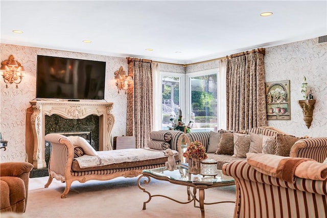 15850 Arbela Dr, Whittier, CA 90603 - carpeted living room featuring wallpapered walls, a high end fireplace, crown molding, and recessed lighting