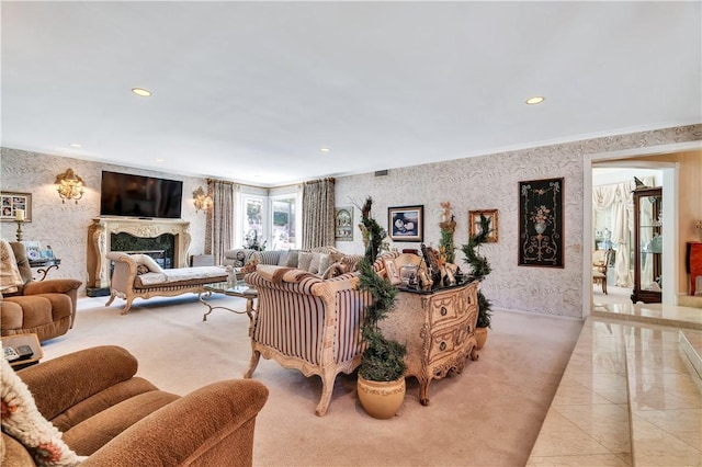 15850 Arbela Dr, Whittier, CA 90603 - living room featuring recessed lighting, wallpapered walls, ornamental molding, a premium fireplace, and light colored carpet