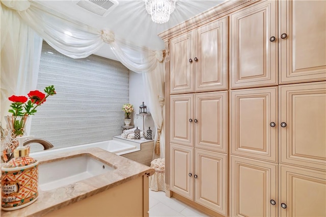 15850 Arbela Dr, Whittier, CA 90603 - bathroom with vanity, tile patterned floors, and a chandelier