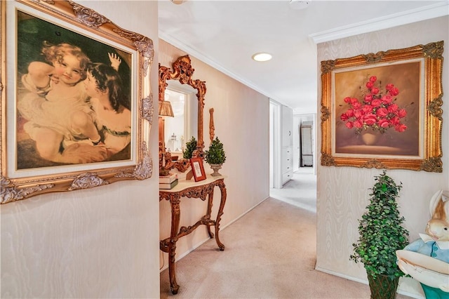 15850 Arbela Dr, Whittier, CA 90603 - hall with light carpet, recessed lighting, and ornamental molding