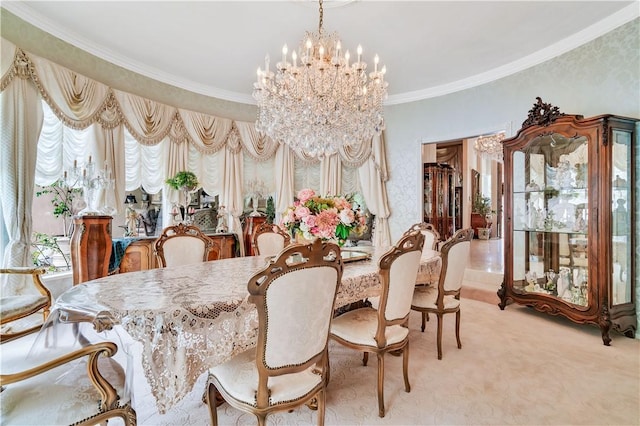 15850 Arbela Dr, Whittier, CA 90603 - dining area with a chandelier, healthy amount of natural light, light colored carpet, and crown molding