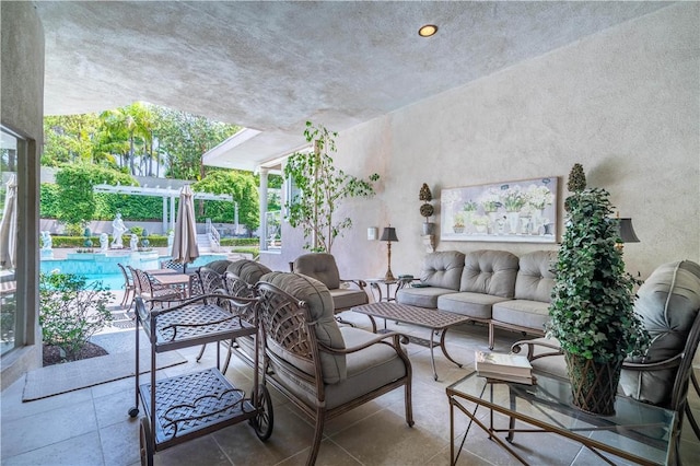 15850 Arbela Dr, Whittier, CA 90603 - view of patio / terrace featuring an outdoor hangout area, an outdoor pool, and a pergola
