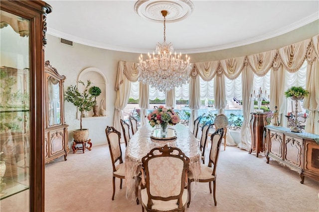 15850 Arbela Dr, Whittier, CA 90603 - dining room with light colored carpet, a chandelier, and ornamental molding