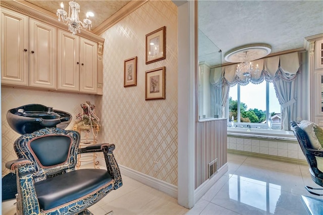15850 Arbela Dr, Whittier, CA 90603 - tiled office with ornamental molding, a chandelier, and wallpapered walls