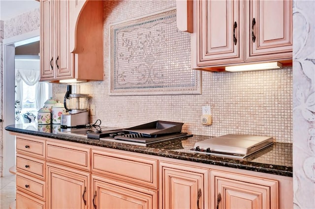 15850 Arbela Dr, Whittier, CA 90603 - kitchen featuring decorative backsplash and dark stone countertops