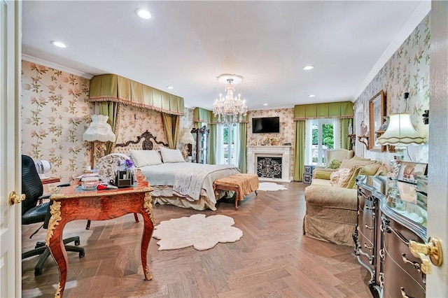 15850 Arbela Dr, Whittier, CA 90603 - bedroom featuring wallpapered walls, crown molding, a chandelier, and recessed lighting