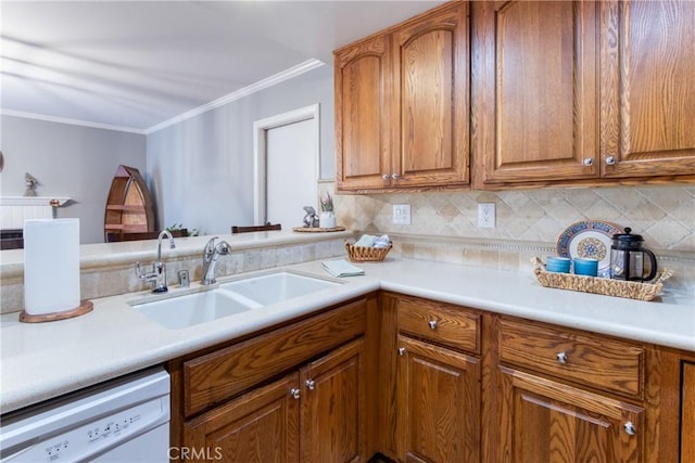 64 Seacrest Ct, Long Beach, CA 90803 - kitchen with dishwasher, brown cabinetry, backsplash, and crown molding